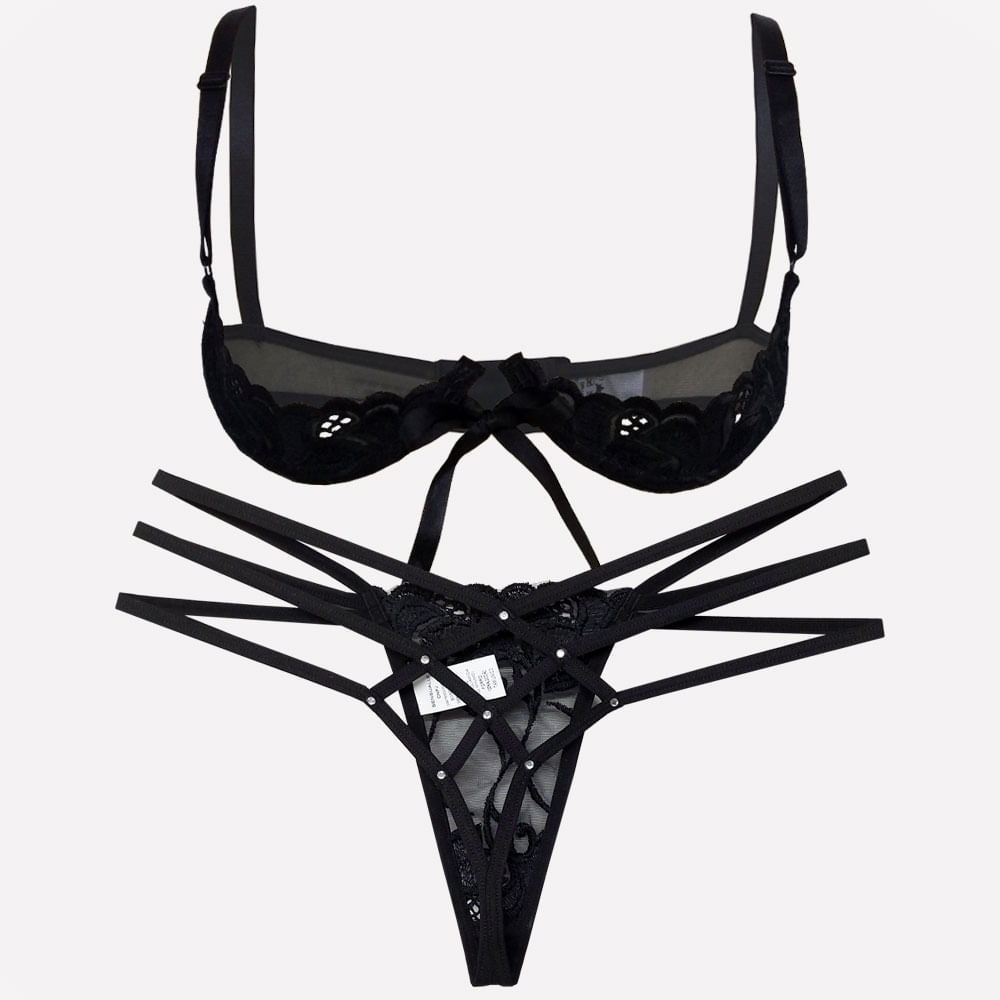 Conjunto De Sutiã Meia Lua E Calcinha Fio Dental Com Strappy