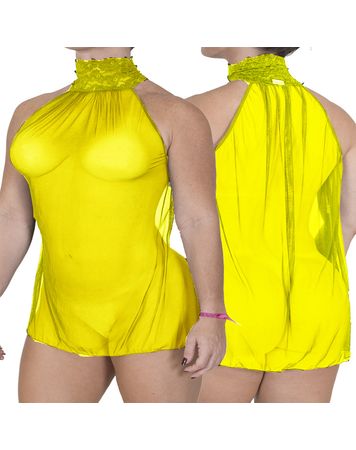 Camisola-Sexy-em-Tule-e-Renda-com-Transparencia-Neon-Amarelo