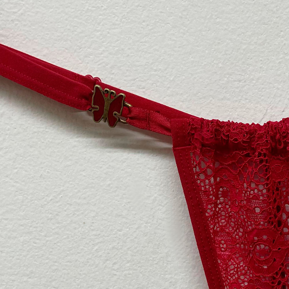 Calcinha Cortininha Em Renda E Regulagem Com Transparência E Biju Vermelho Sensuallelingerie 2333